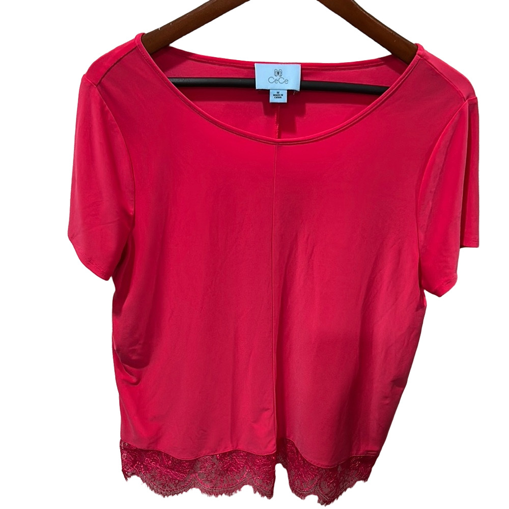 CeCe bright Pink Crop Blouse with Lace Detail size M GUC